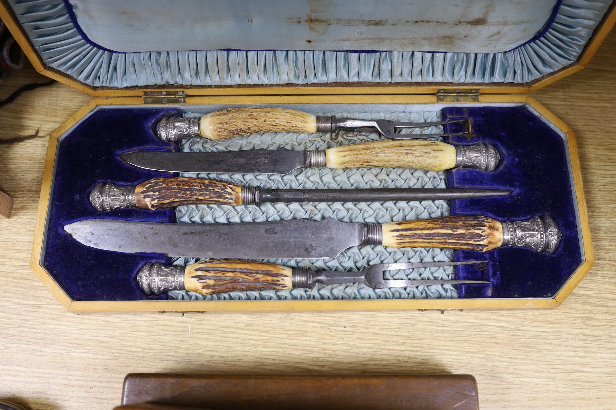 Four cased plated sets and a 19th-century burr walnut box
